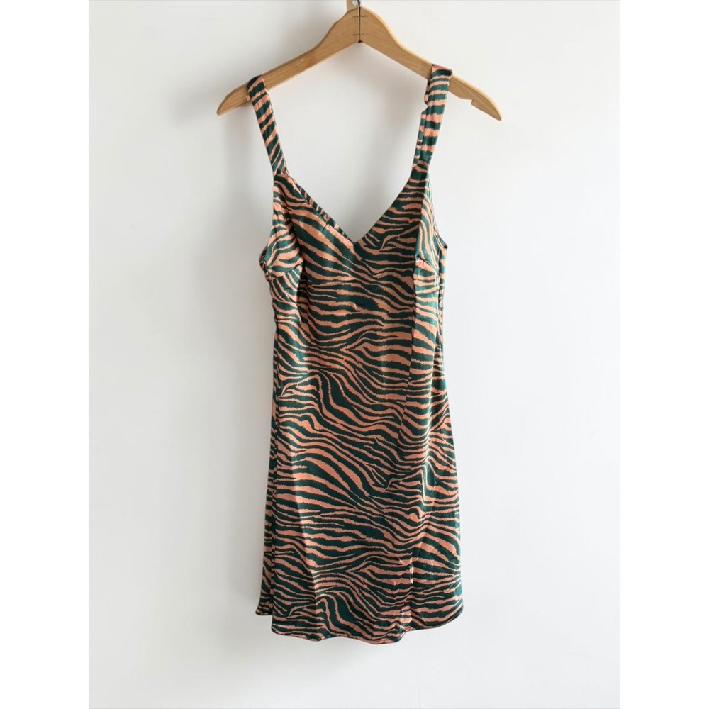 Audrey 3+1 Green Peach Tiger Print Satin Slip Mini Dress Large NWOT